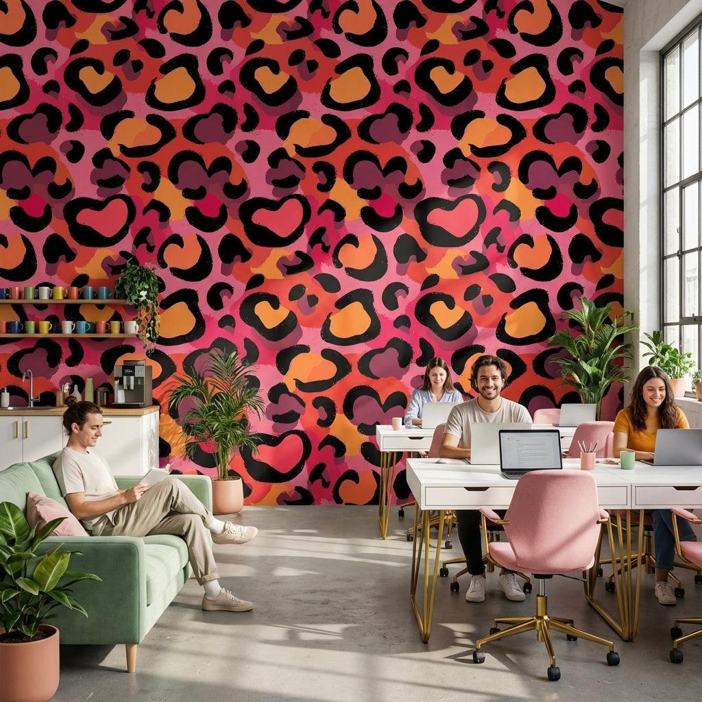 Leopar Desenli Duvar Kağıdı Pembe Turuncu Modern Salon