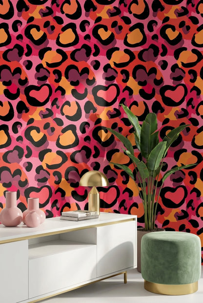 Leopar Desenli Duvar Kağıdı Pembe Turuncu Modern Salon