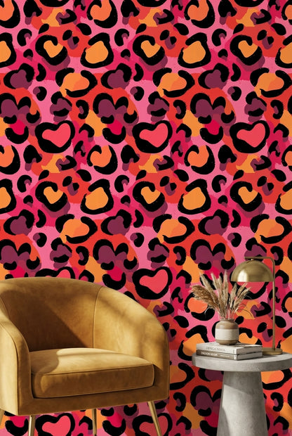 Leopar Desenli Duvar Kağıdı Pembe Turuncu Modern Salon