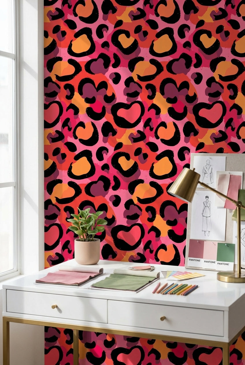 Leopar Desenli Duvar Kağıdı Pembe Turuncu Modern Salon