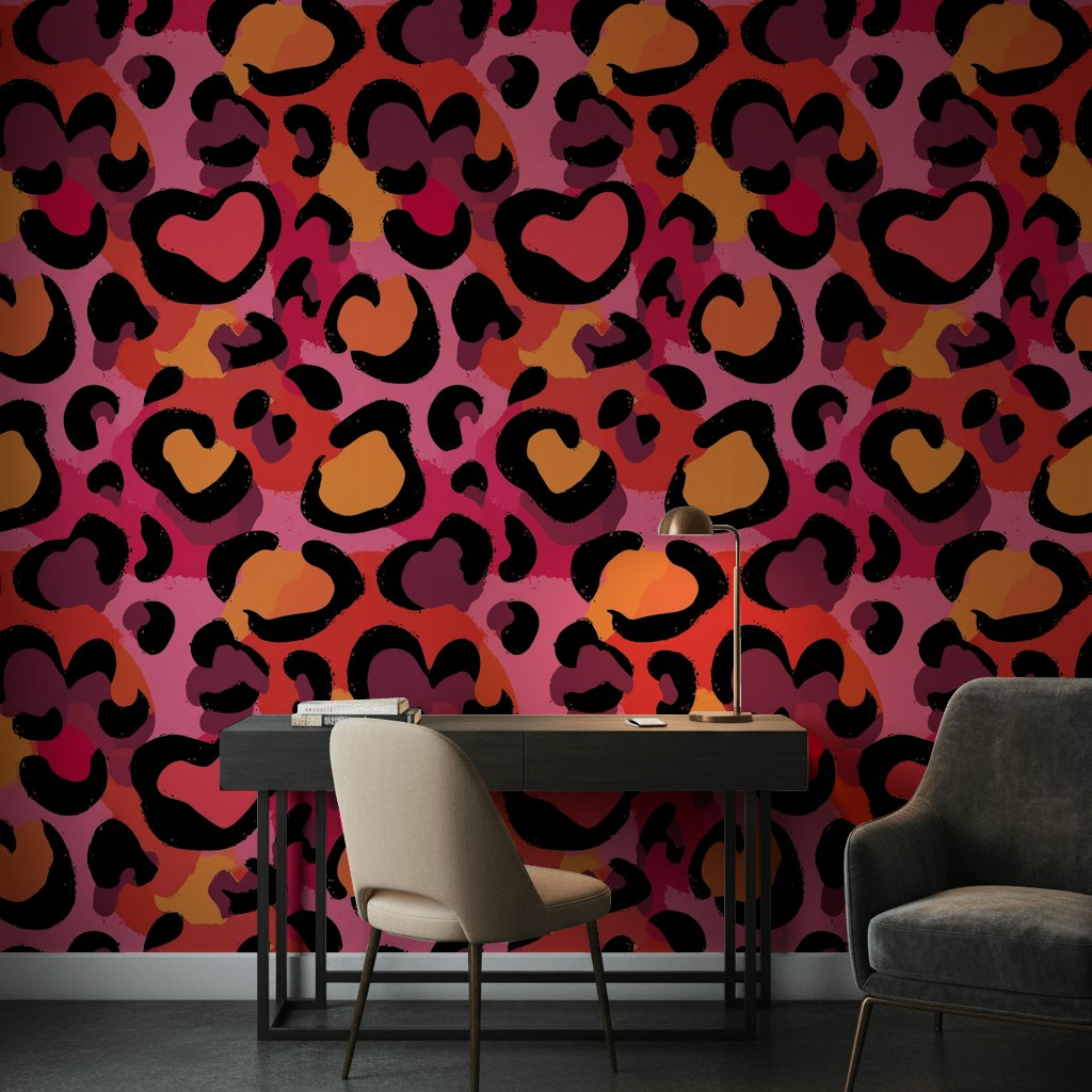Leopar Desenli Duvar Kağıdı Pembe Turuncu Modern Salon