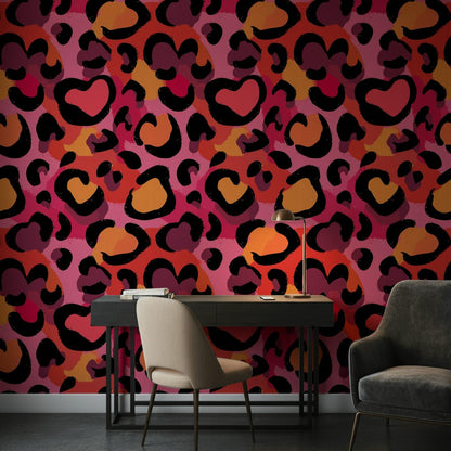 Leopar Desenli Duvar Kağıdı Pembe Turuncu Modern Salon