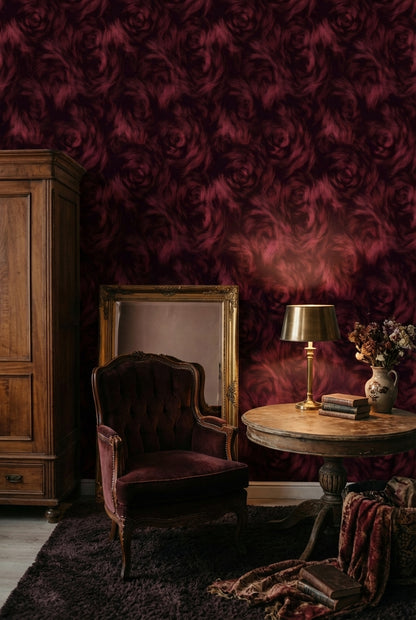 Bordo Gül Desenli Duvar Kağıdı Koyu Romantik Salon