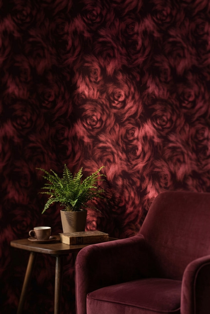 Bordo Gül Desenli Duvar Kağıdı Koyu Romantik Salon