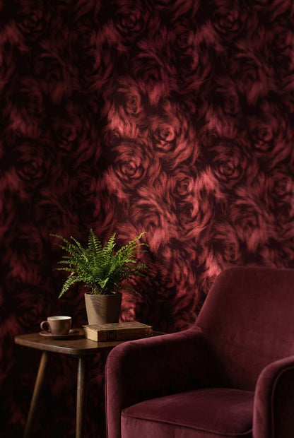 Bordo Gül Desenli Duvar Kağıdı Koyu Romantik Salon