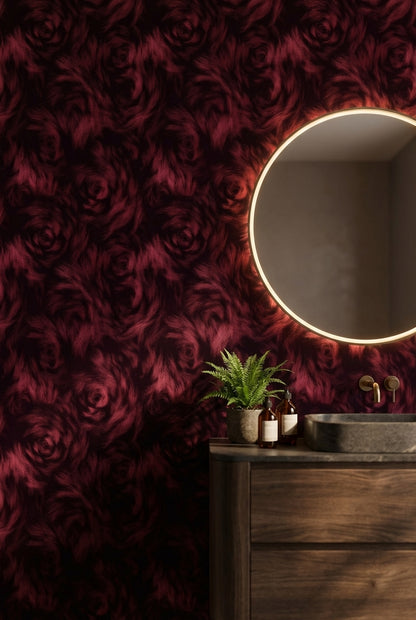 Bordo Gül Desenli Duvar Kağıdı Koyu Romantik Salon