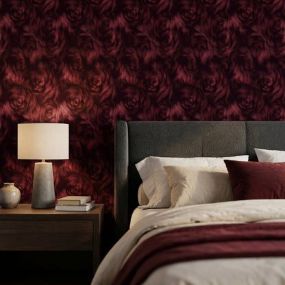 Bordo Gül Desenli Duvar Kağıdı Koyu Romantik Salon