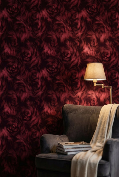 Bordo Gül Desenli Duvar Kağıdı Koyu Romantik Salon