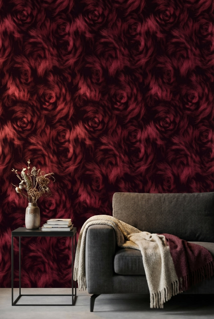 Bordo Gül Desenli Duvar Kağıdı Koyu Romantik Salon