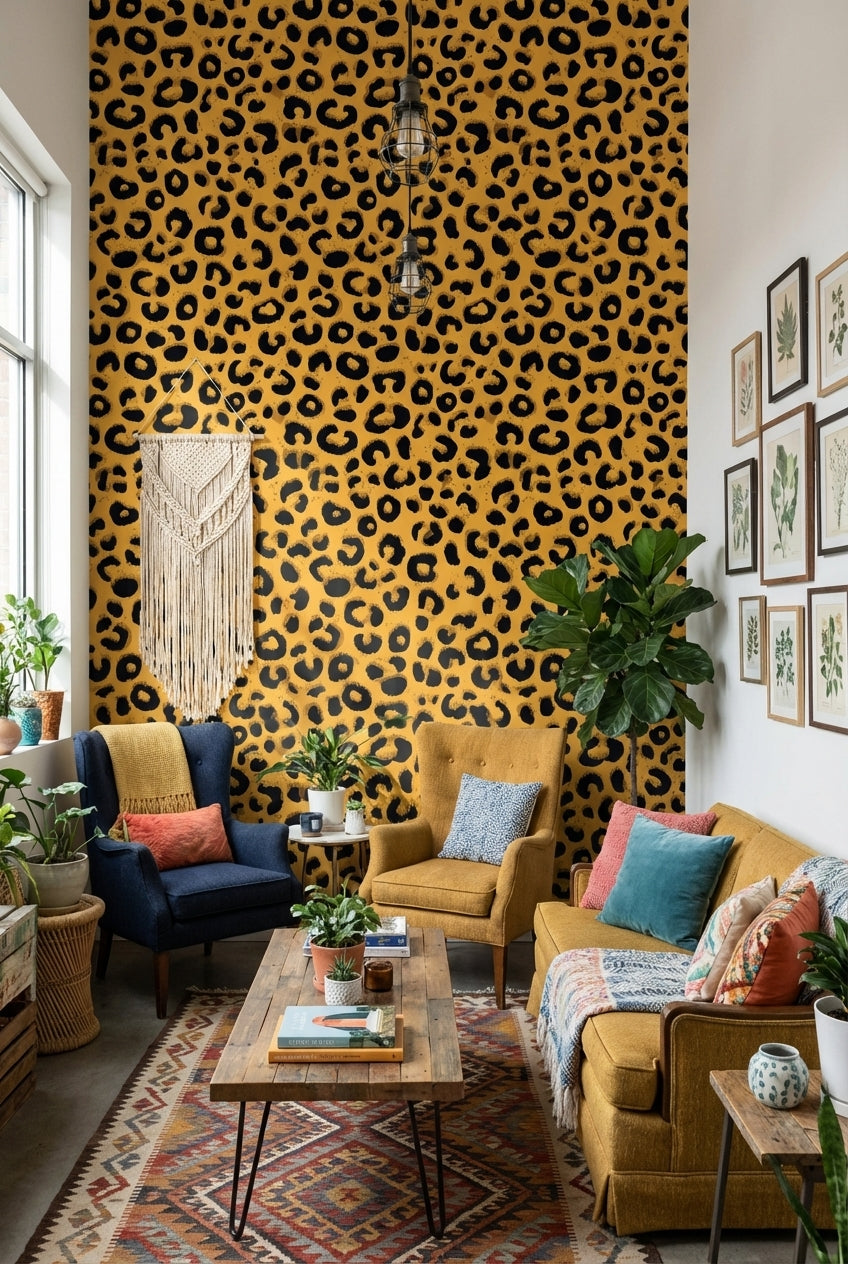 Leopar Desenli Duvar Kağıdı Sarı Siyah Modern Salon