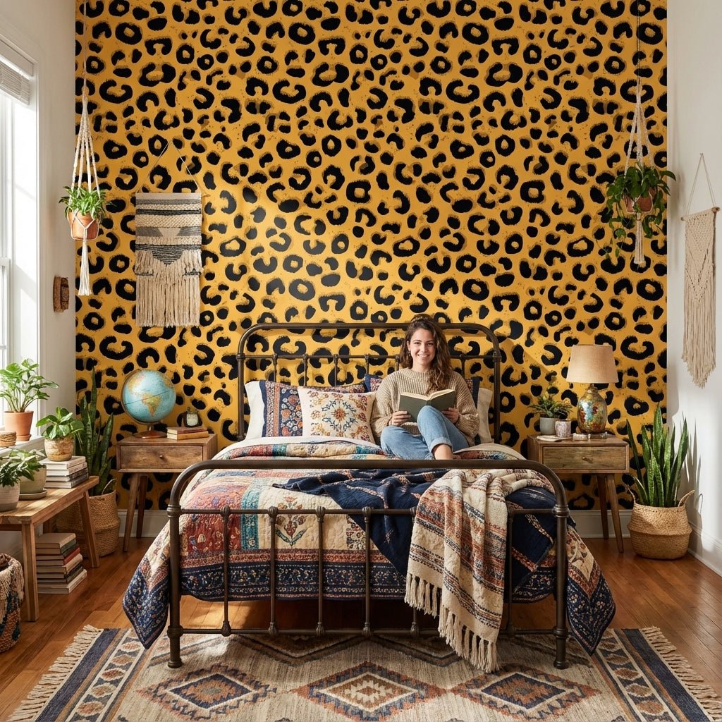 Leopar Desenli Duvar Kağıdı Sarı Siyah Modern Salon