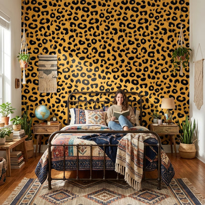 Leopar Desenli Duvar Kağıdı Sarı Siyah Modern Salon
