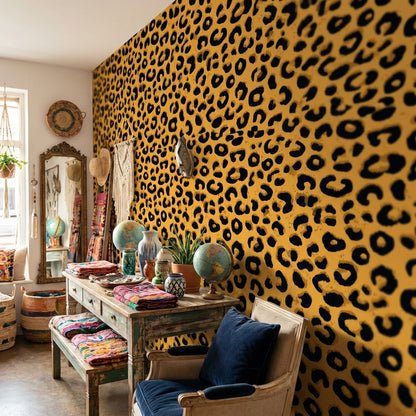 Leopar Desenli Duvar Kağıdı Sarı Siyah Modern Salon
