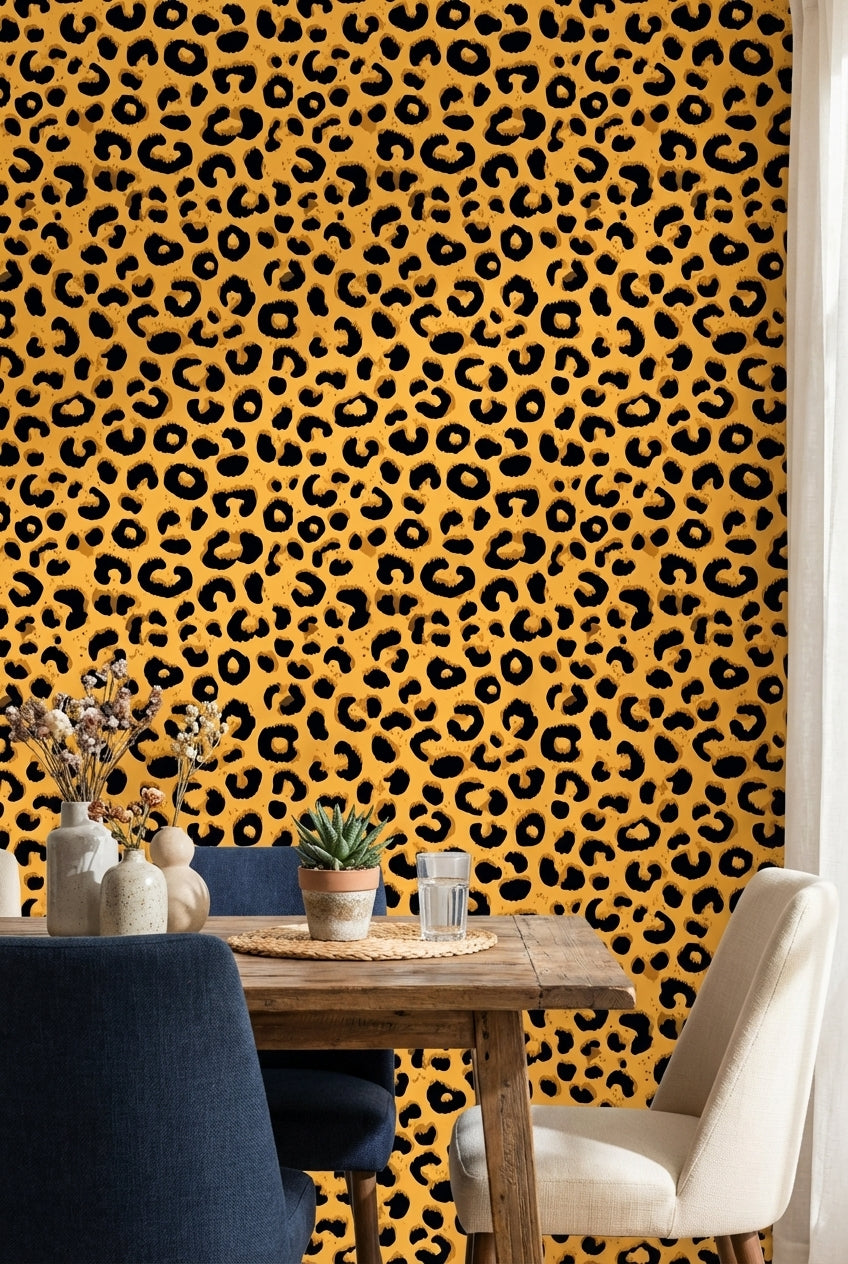 Leopar Desenli Duvar Kağıdı Sarı Siyah Modern Salon