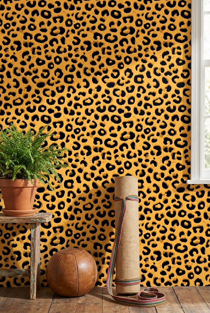 Leopar Desenli Duvar Kağıdı Sarı Siyah Modern Salon