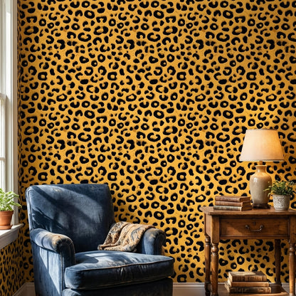 Leopar Desenli Duvar Kağıdı Sarı Siyah Modern Salon