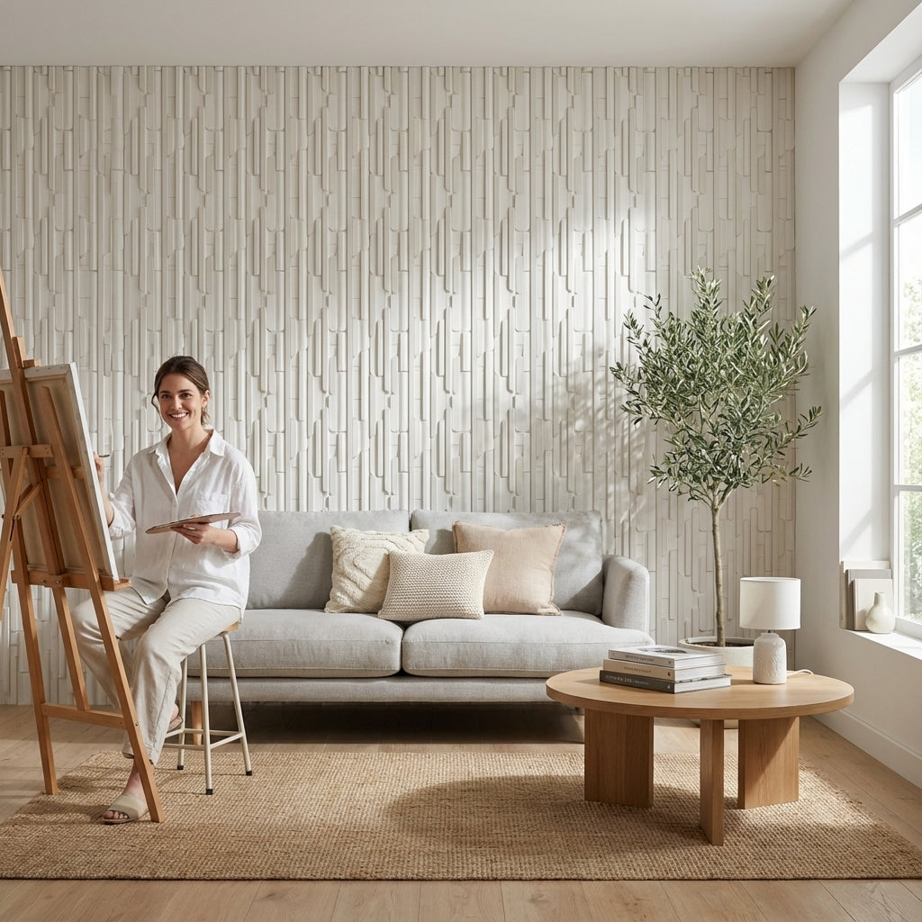 Modern Geometrik Duvar Kağıdı Krem Bej 3D Görünümlü Desen