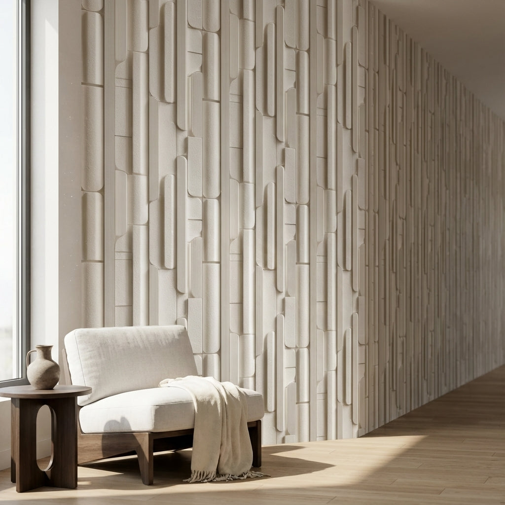 Modern Geometrik Duvar Kağıdı Krem Bej 3D Görünümlü Desen