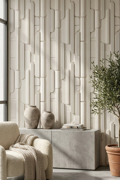 Modern Geometrik Duvar Kağıdı Krem Bej 3D Görünümlü Desen