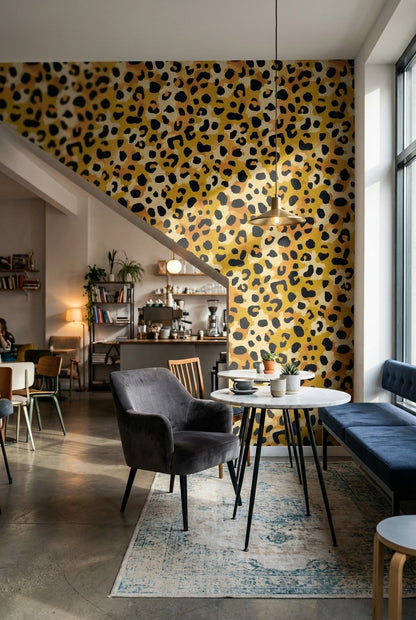 Leopar Desenli Duvar Kağıdı Hardal Sarı Modern Salon