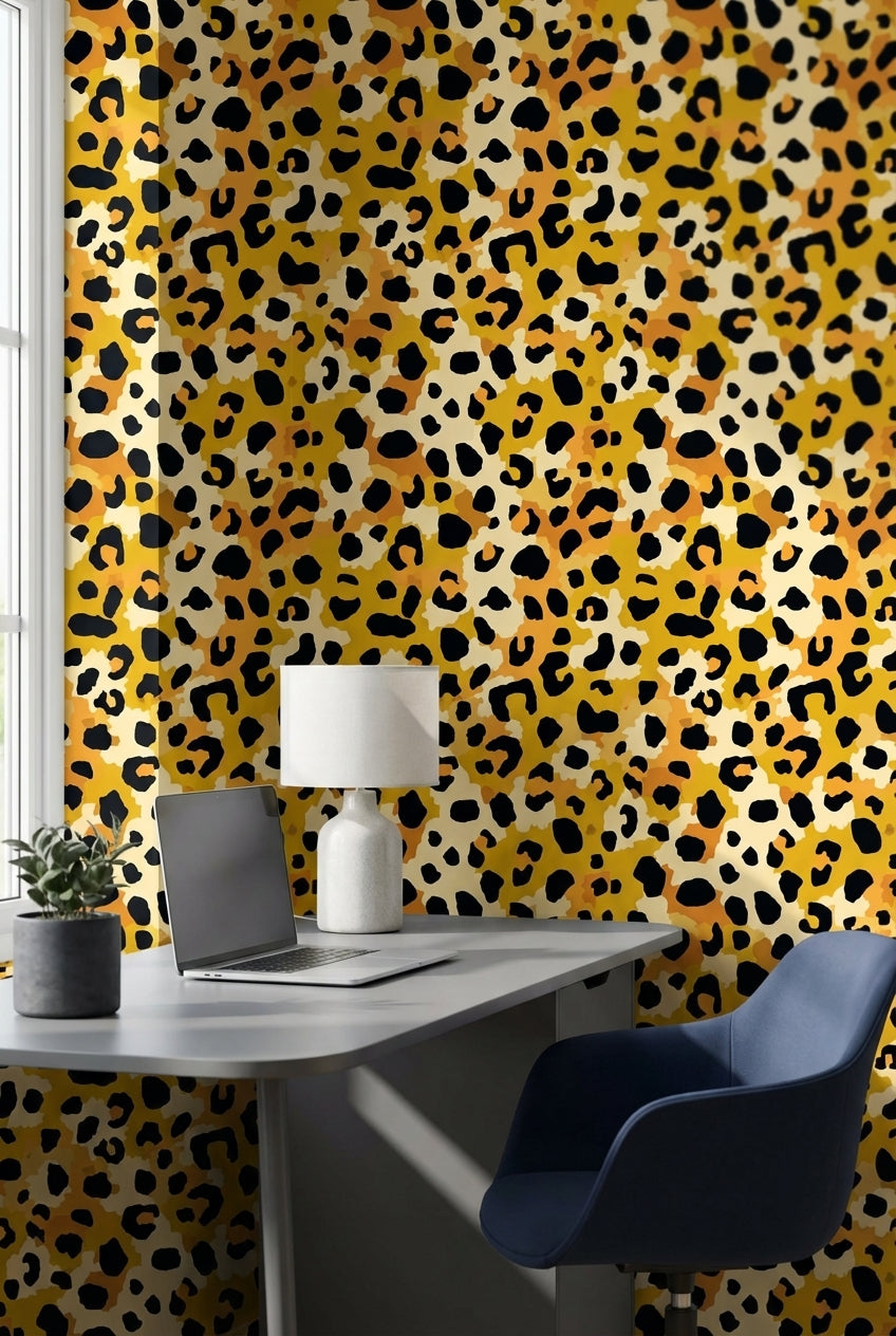 Leopar Desenli Duvar Kağıdı Hardal Sarı Modern Salon