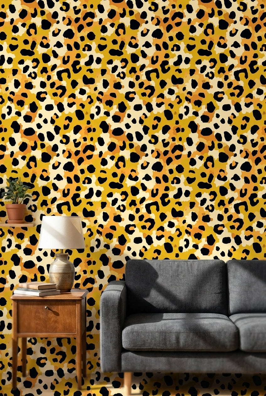 Leopar Desenli Duvar Kağıdı Hardal Sarı Modern Salon