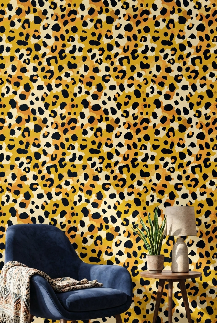 Leopar Desenli Duvar Kağıdı Hardal Sarı Modern Salon