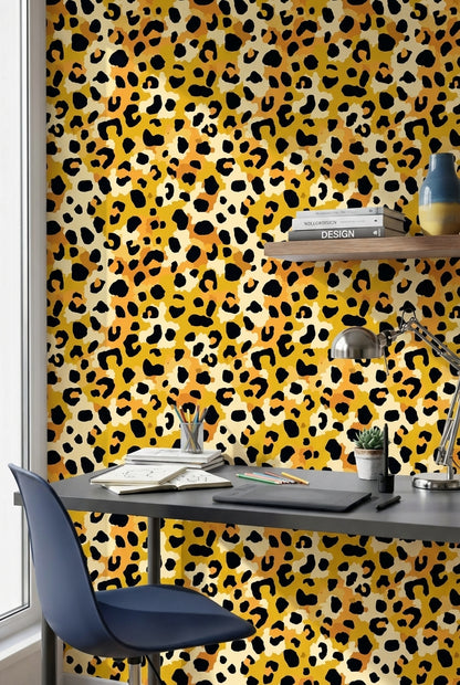 Leopar Desenli Duvar Kağıdı Hardal Sarı Modern Salon