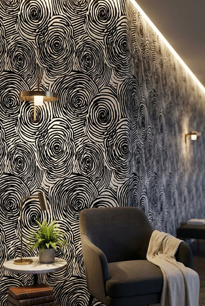 Siyah Beyaz Spiral Desenli Duvar Kağıdı Modern Salon