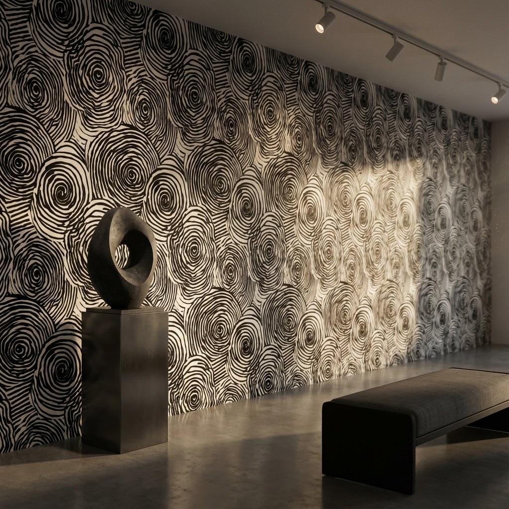 Siyah Beyaz Spiral Desenli Duvar Kağıdı Modern Salon