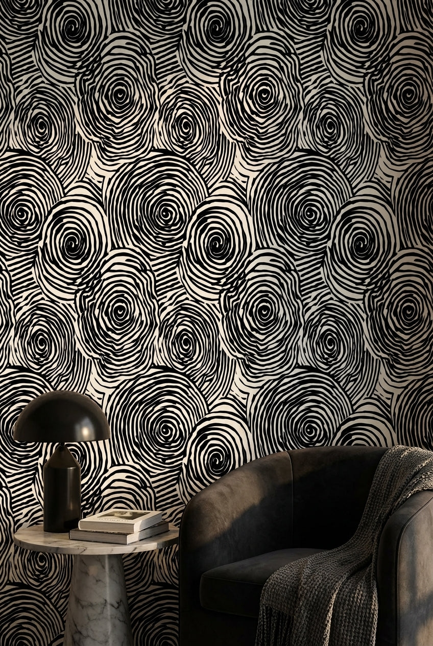 Siyah Beyaz Spiral Desenli Duvar Kağıdı Modern Salon