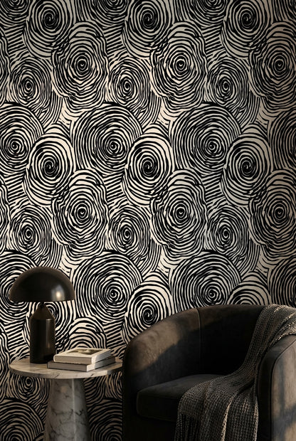 Siyah Beyaz Spiral Desenli Duvar Kağıdı Modern Salon