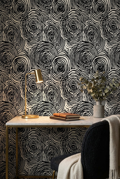 Siyah Beyaz Spiral Desenli Duvar Kağıdı Modern Salon