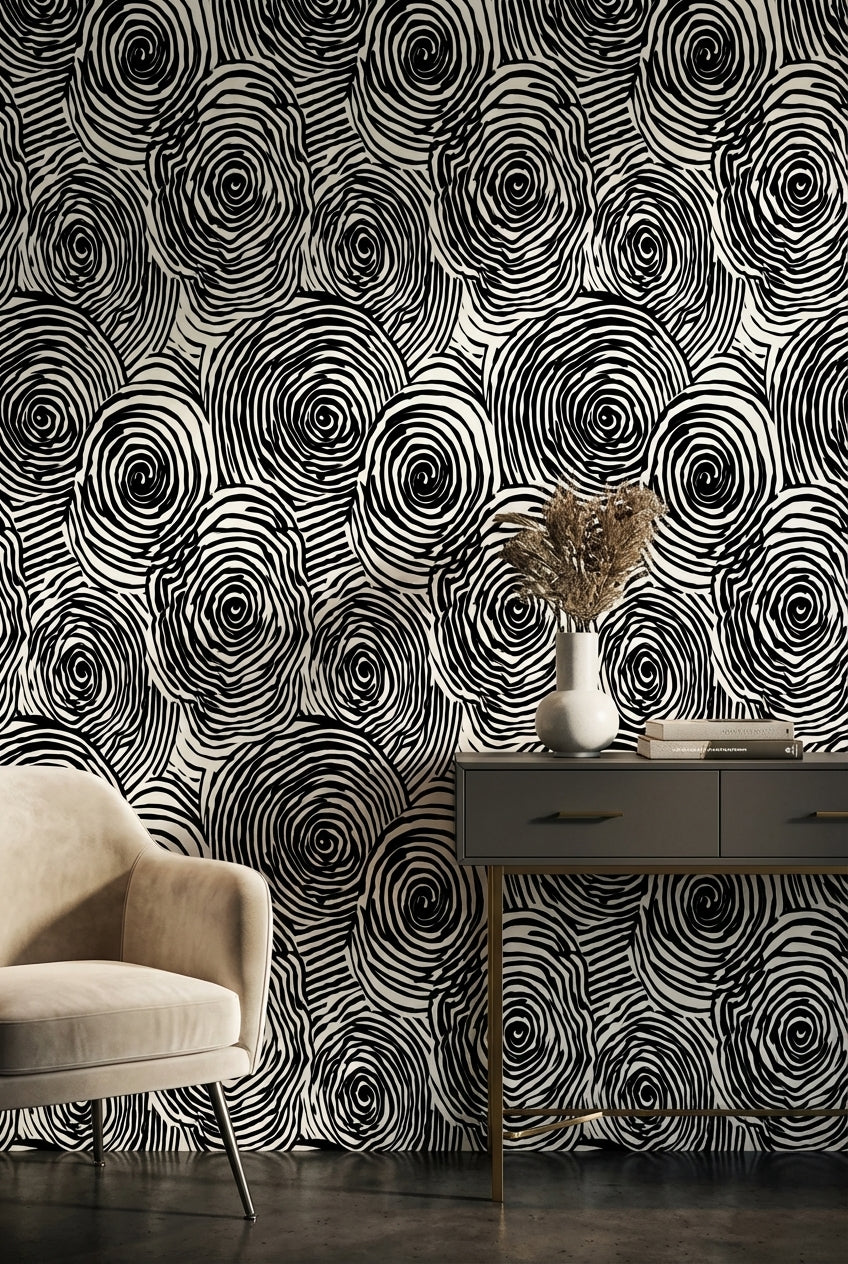 Siyah Beyaz Spiral Desenli Duvar Kağıdı Modern Salon