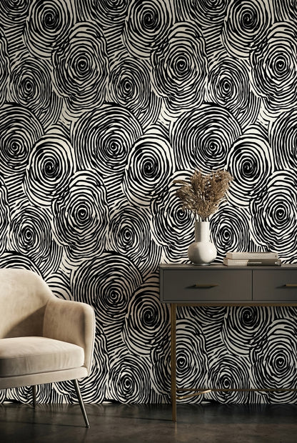 Siyah Beyaz Spiral Desenli Duvar Kağıdı Modern Salon