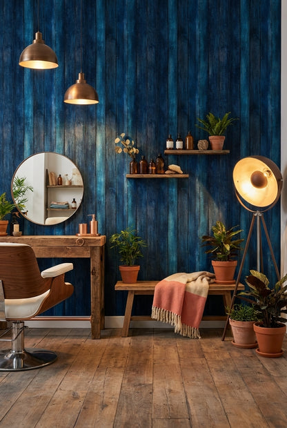 Mavi Ahşap Görünümlü Duvar Kağıdı Modern Mutfak Duvarı
