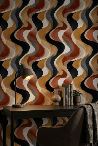 Dalgalı Geometrik Duvar Kağıdı Siyah Hardal Salon Dekoru