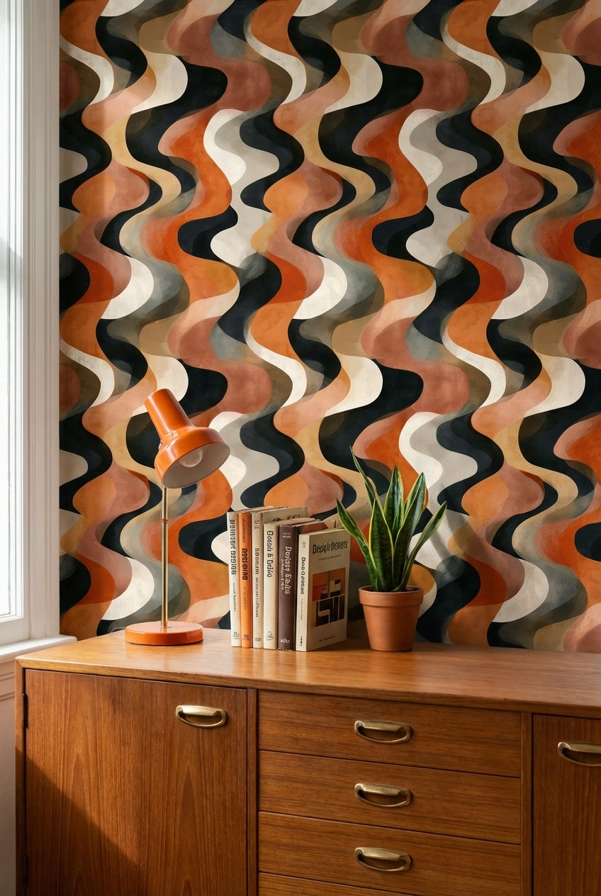 Soyut Dalgalı Duvar Kağıdı Terakota Siyah Krem Salon