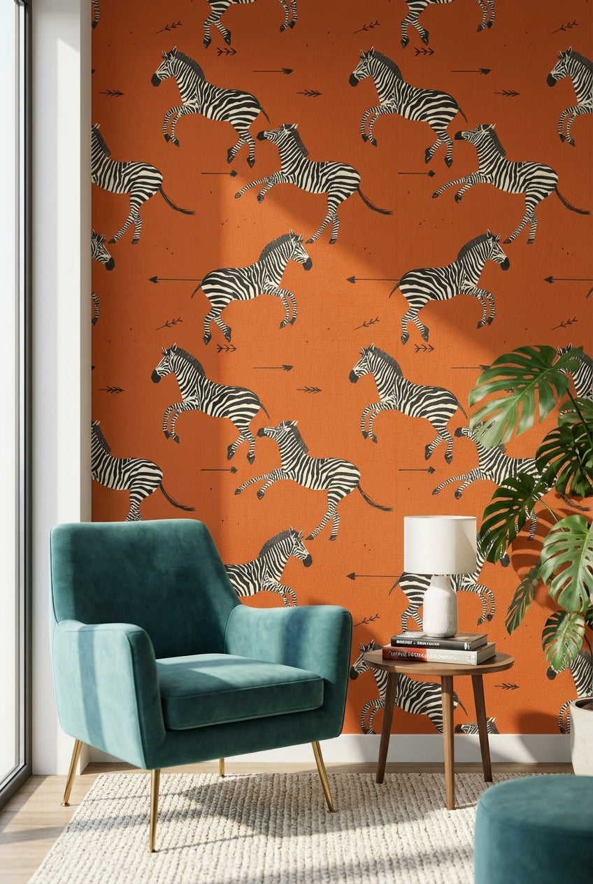 Zebra Desenli Duvar Kağıdı Turuncu Hayvanlı Salon Dekoru