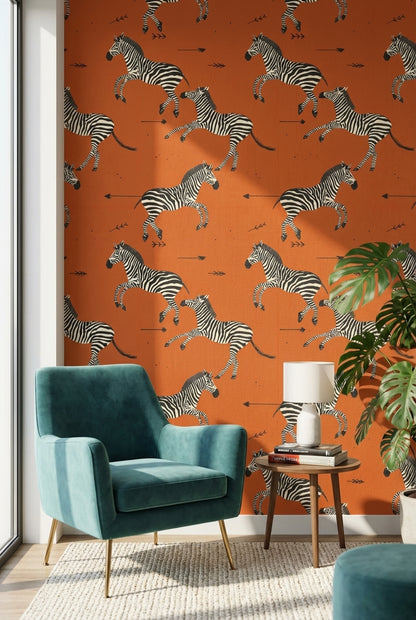 Zebra Desenli Duvar Kağıdı Turuncu Hayvanlı Salon Dekoru