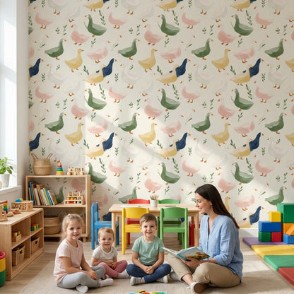 Renkli Ördek Desenli Duvar Kağıdı Çocuk Odası Pastel