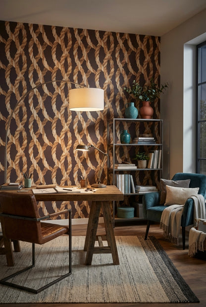 Halat Örgü Desenli Duvar Kağıdı Kahverengi Modern Salon