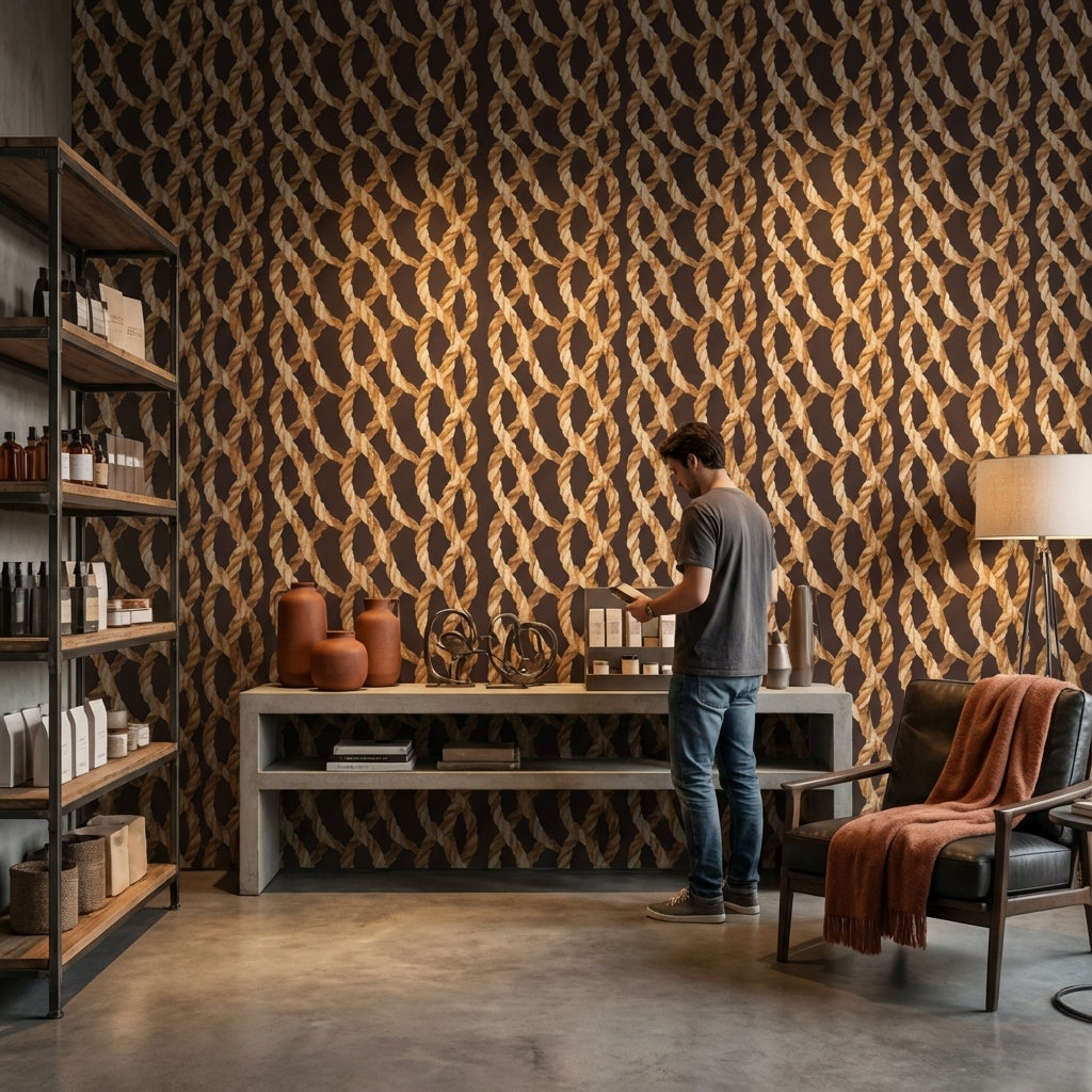 Halat Örgü Desenli Duvar Kağıdı Kahverengi Modern Salon