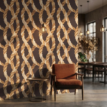 Halat Örgü Desenli Duvar Kağıdı Kahverengi Modern Salon