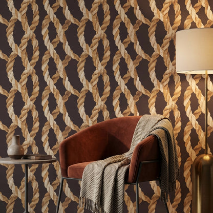 Halat Örgü Desenli Duvar Kağıdı Kahverengi Modern Salon