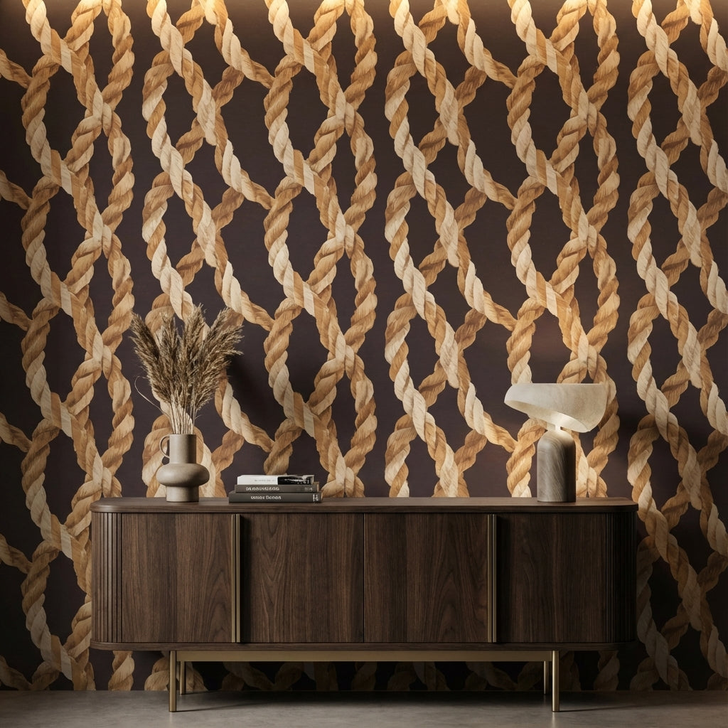 Halat Örgü Desenli Duvar Kağıdı Kahverengi Modern Salon