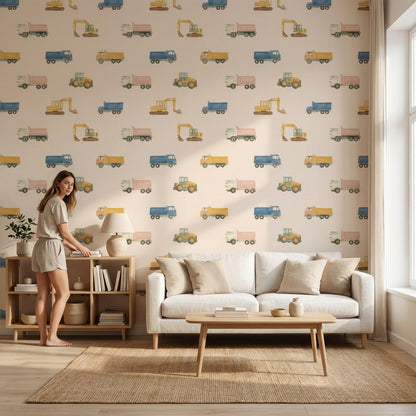 İnşaat Araçları Duvar Kağıdı Pastel Renkli Çocuk Odası Deseni