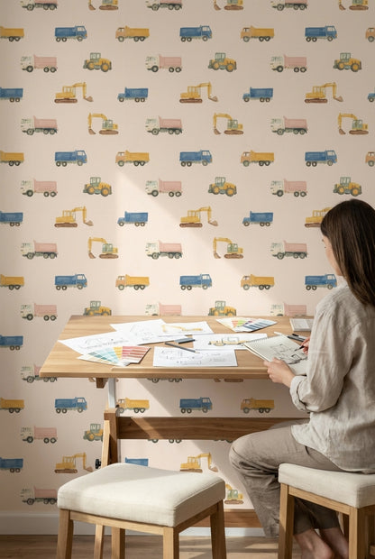 İnşaat Araçları Duvar Kağıdı Pastel Renkli Çocuk Odası Deseni
