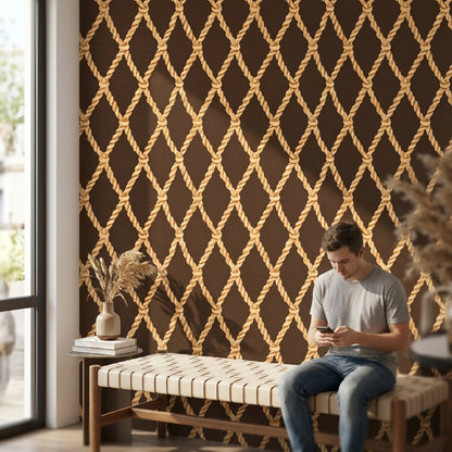 Halat Örgü Desenli Duvar Kağıdı Kahverengi Bej Salon