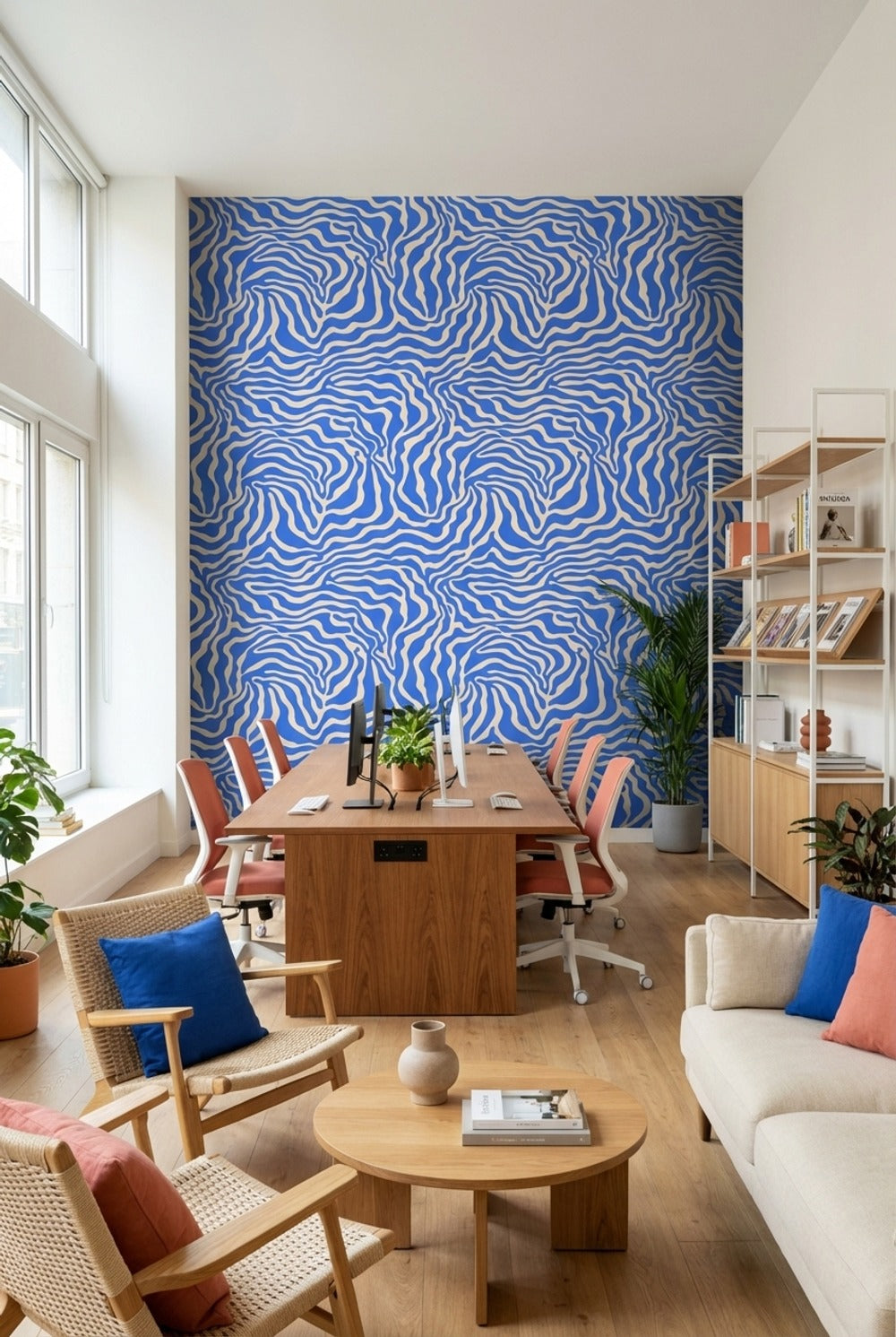 Mavi Beyaz Dalgalı Soyut Duvar Kağıdı Modern Salon